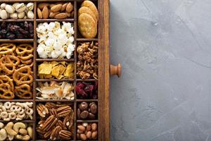 Variety of healthy snacks overhead shot photo