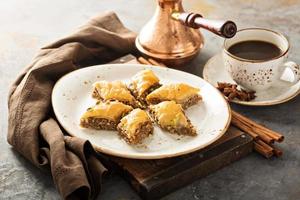 Homemade baklava with nuts and honey photo