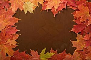 Fall leaves frame on brown background photo