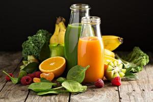 variedad de jugos de frutas y verduras frescas