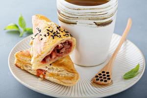 Red bean puff pastry with green tea photo