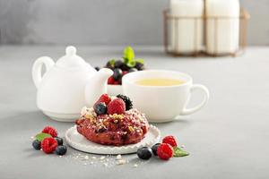 Berry shortcake donuts with tea photo