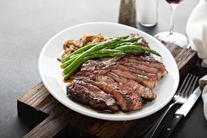 Beef steak with asparagus and mushrooms photo