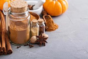 Pumpkin pie spice in a glass jar with ingredients photo