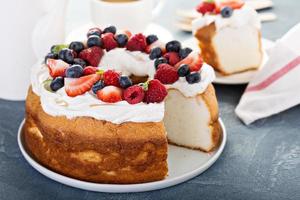 Angel food cake with cream and berries photo