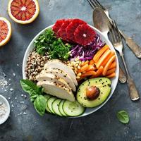Healthy lunch bowl with chicken and quinoa photo