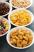 Variety of cold cereals in white bowls photo