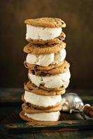 Homemade ice cream sandwiches with chocolate chip cookies photo