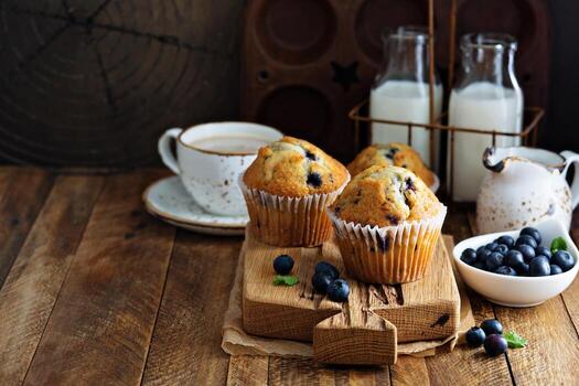 muffins de arándanos recién horneados en un entorno rústico foto