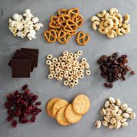 Variety of healthy snacks overhead shot photo