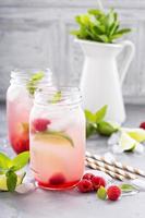 Cold green iced tea with lime and raspberry photo