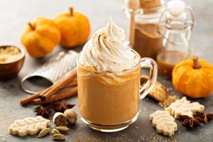 Pumpkin spice latte in a glass mug photo