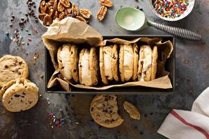 Ice cream sandwiches with chocolate chip cookies photo