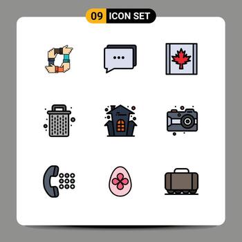 Group of 9 Filledline Flat Colors Signs and Symbols for celebration garbage message delete basket Editable Vector Design Elements