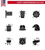 Editable Vector Line Pack of USA Day 9 Simple Solid Glyphs of cap liquid flag hip drink Editable USA Day Vector Design Elements