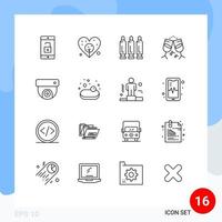 Pack of 16 creative Outlines of soup cctv gun camera drink Editable Vector Design Elements