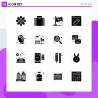 16 Thematic Vector Solid Glyphs and Editable Symbols of brain website stock web page Editable Vector Design Elements