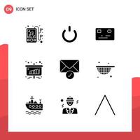 Set of 9 Commercial Solid Glyphs pack for strainer sent money mail presentation Editable Vector Design Elements