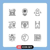 9 Universal Outlines Set for Web and Mobile Applications globe bulb startup brainstorming brain Editable Vector Design Elements