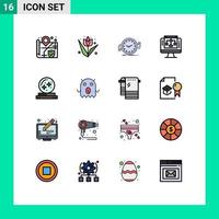 paquete de 16 signos y símbolos modernos de líneas rellenas de color plano para medios de impresión web, como datos de servidor de reloj de computadora de cristal que comparten elementos de diseño de vectores creativos editables
