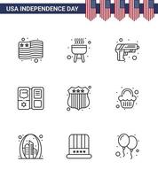 Set of 9 Vector Lines on 4th July USA Independence Day such as cake investigating army badge american Editable USA Day Vector Design Elements