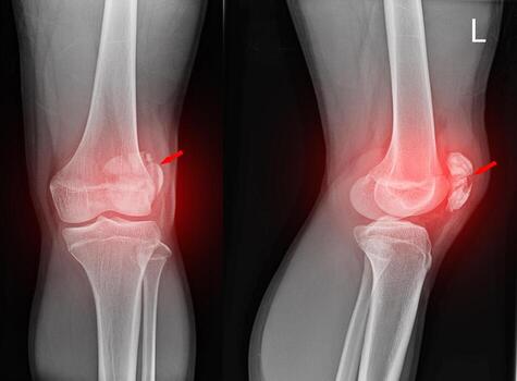 A film x-ray of left knee lateral view shown fracture of knee cap patella bone photo