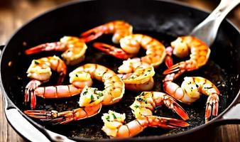 Fried shrimps. Sea products. Healthy food. Hot shrimp dish. photo