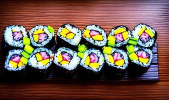 Traditional, fresh delicious sushi rolls food. Creative Sushi. photo