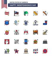 Happy Independence Day USA Pack of 25 Creative Flat Filled Lines of sports baseball helmet ball hotdog Editable USA Day Vector Design Elements
