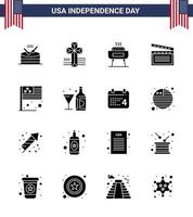 Happy Independence Day Pack of 16 Solid Glyphs Signs and Symbols for flag day celebration usa movis Editable USA Day Vector Design Elements