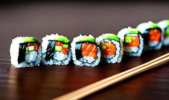 comida tradicional, fresca y deliciosa de rollos de sushi. sushi creativo. foto