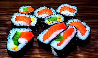 Traditional, fresh delicious sushi rolls food. Creative Sushi. photo