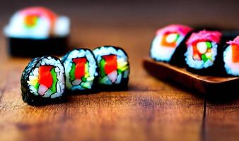 comida tradicional, fresca y deliciosa de rollos de sushi. sushi creativo. foto