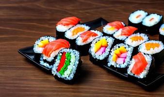 comida tradicional, fresca y deliciosa de rollos de sushi. sushi creativo. foto