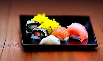 Traditional, fresh delicious sushi rolls food. Creative Sushi. photo