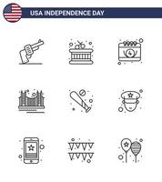 Happy Independence Day USA Pack of 9 Creative Lines of ball tourism calendar landmark gate Editable USA Day Vector Design Elements