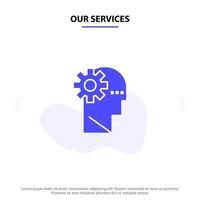 nuestros servicios proceso cerebral aprendizaje mente icono de glifo sólido plantilla de tarjeta web vector