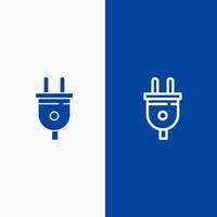 enchufe eléctrico línea de enchufe de alimentación y glifo icono sólido banner azul vector