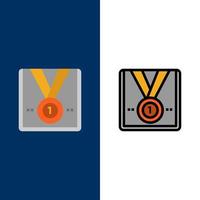 premio medalla estrella ganador trofeo iconos planos y llenos de línea conjunto de iconos vector fondo azul