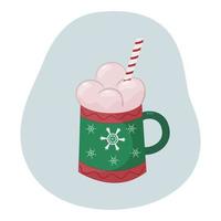 Hot drink in a mug with Christmas patterns and elements. Cartoon style. Vector. vector