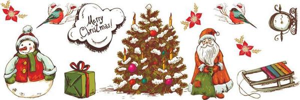 feliz navidad, patrón de vacaciones con santa, árbol de navidad, bolas, pájaros, flores. vector