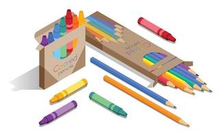 conjunto de crayones y lápices fuera de sus cajas. vector