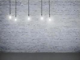 a white brick wall with five lights hanging from it. Generative AI. photo