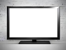 Blank white screen flat screen TV lies on the table. Generative AI. photo
