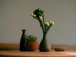couple of vases sitting on top of a wooden table. Generative AI. photo