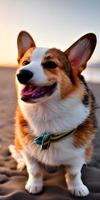 beautiful portrait of a cute Corgi. a brown and white dog sitting on the sand at the beach. Generative AI. photo