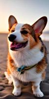 hermoso retrato de un lindo corgi. un perro marrón y blanco sentado en la arena de la playa. ia generativa. foto