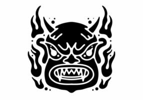 diseño de tatuaje de cara de monstruo con cuerno y llama de fuego vector