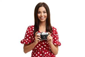 Caucasian brunette woman having fun and smiling isolated over white background photo