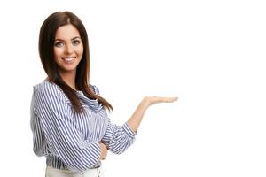 Caucasian brunette woman having fun and smiling isolated over white background photo